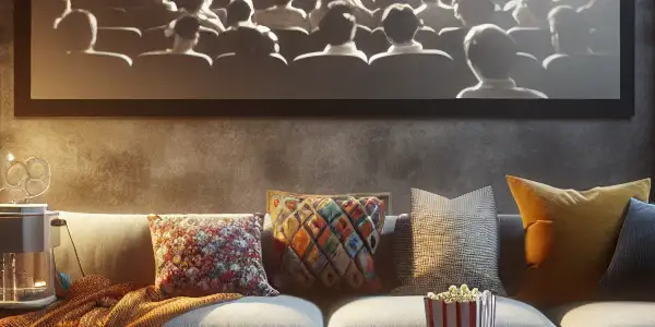 A cozy home theater with plush seating, a large screen, popcorn machine, and movie memorabilia.
