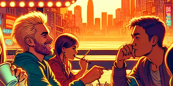 A lively urban café scene at sunset, showcasing friends sharing laughs and stories about single life adventures.