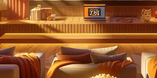 A cozy home cinema featuring classic Japanese film imagery, plush seating, snacks, and modern streaming elements.