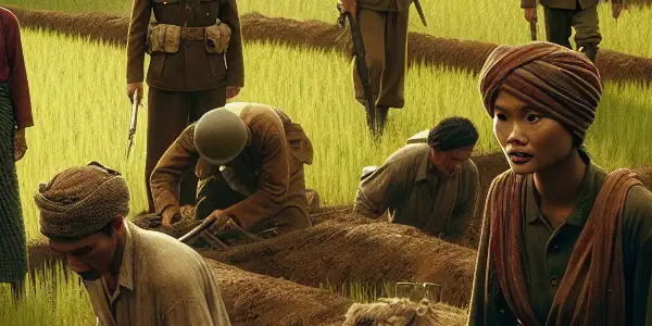 Chinese villagers dig tunnels in a rural Hebei village during the Second Sino-Japanese War, facing approaching soldiers.