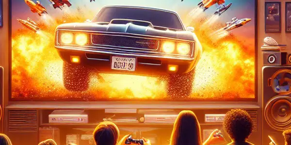 A cozy living room filled with young adults enjoying a movie night, featuring a large TV and snacks.