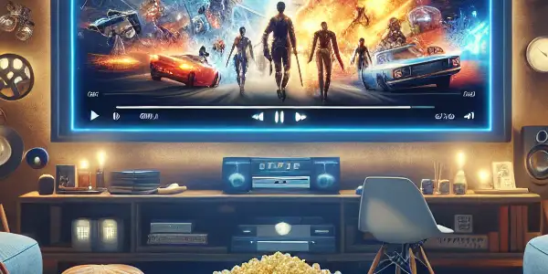 A cozy home theater with a large screen showing an action movie, surrounded by modern gadgets and inviting decor.