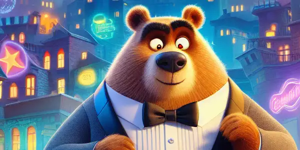 A clumsy bear in a tuxedo navigates a vibrant city filled with cartoonish villains and oversized spy gadgets.