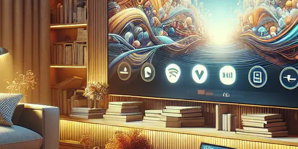 A cozy living room with a large TV, laptop, and bookshelves, embodying modern digital relaxation and entertainment.