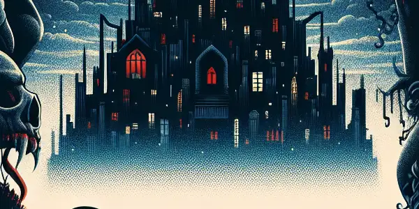 A dark cityscape at night featuring elements of the seven deadly sins, with the title "Seven" prominently displayed.