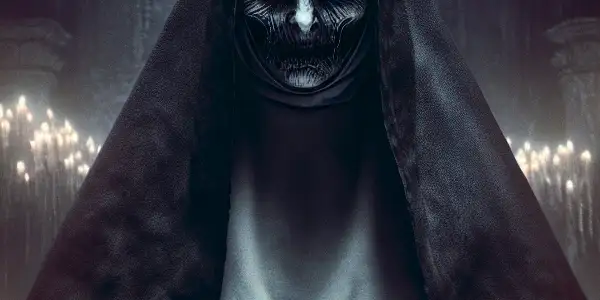 A sinister nun with glowing eyes in a dimly lit, crumbling Romanian monastery, surrounded by eerie religious artifacts.